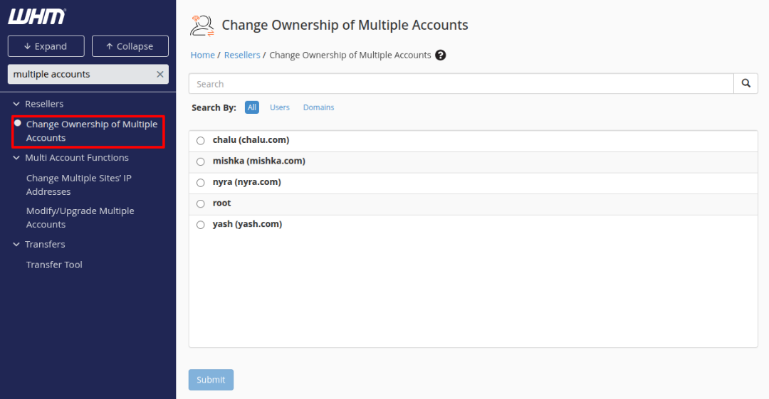 Change Ownership of Multiple Accounts page-WHM