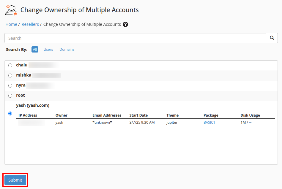 Change Ownership of Multiple Accounts page-WHM