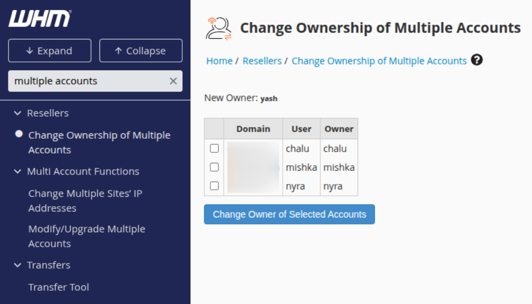 Change Ownership of Multiple Accounts page-WHM