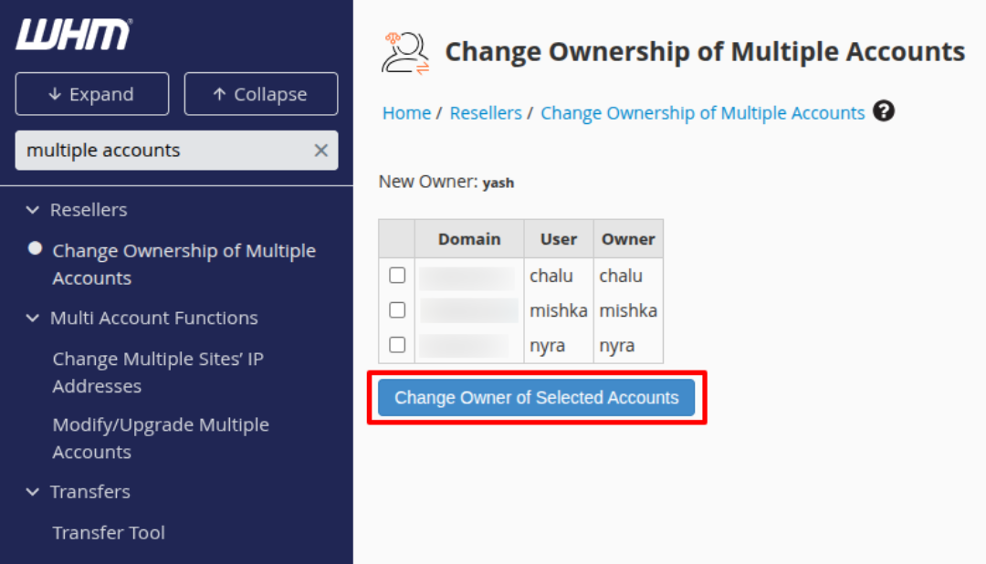 Change Ownership of Multiple Accounts page-WHM