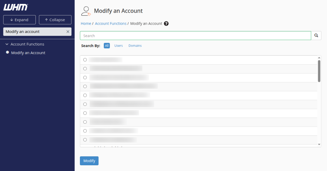 Modify Account page