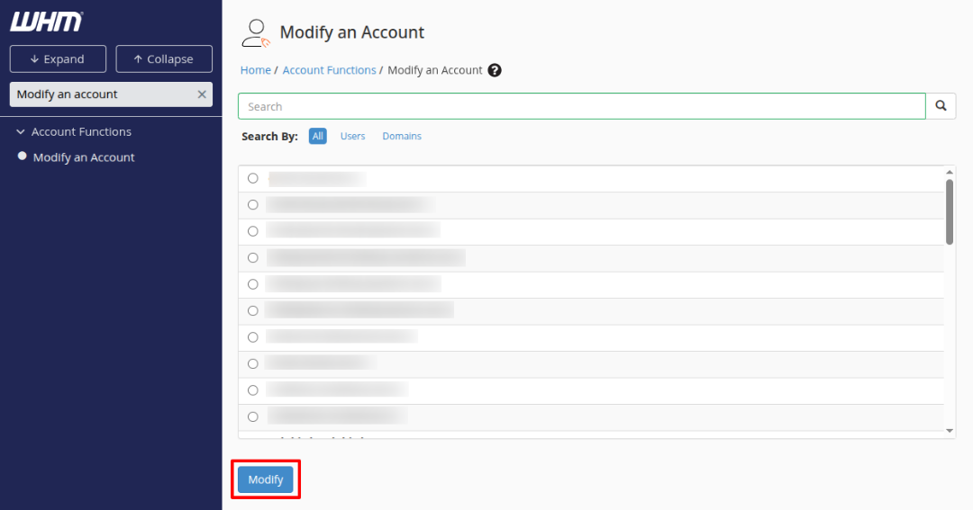 Modify Account page